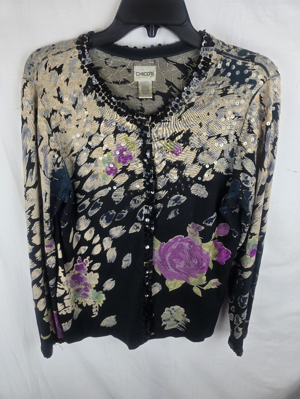 Chico's Black Floral Sequin Silk Blend Cardigan with Purple Roses Sz Chico's 2/L